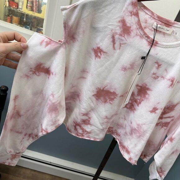 NWT MUSTARD SEED Oversized Pink Tie Dye Cropped Sweatshirt Shoulder Cut Out Smal - Picture 2 of 5
